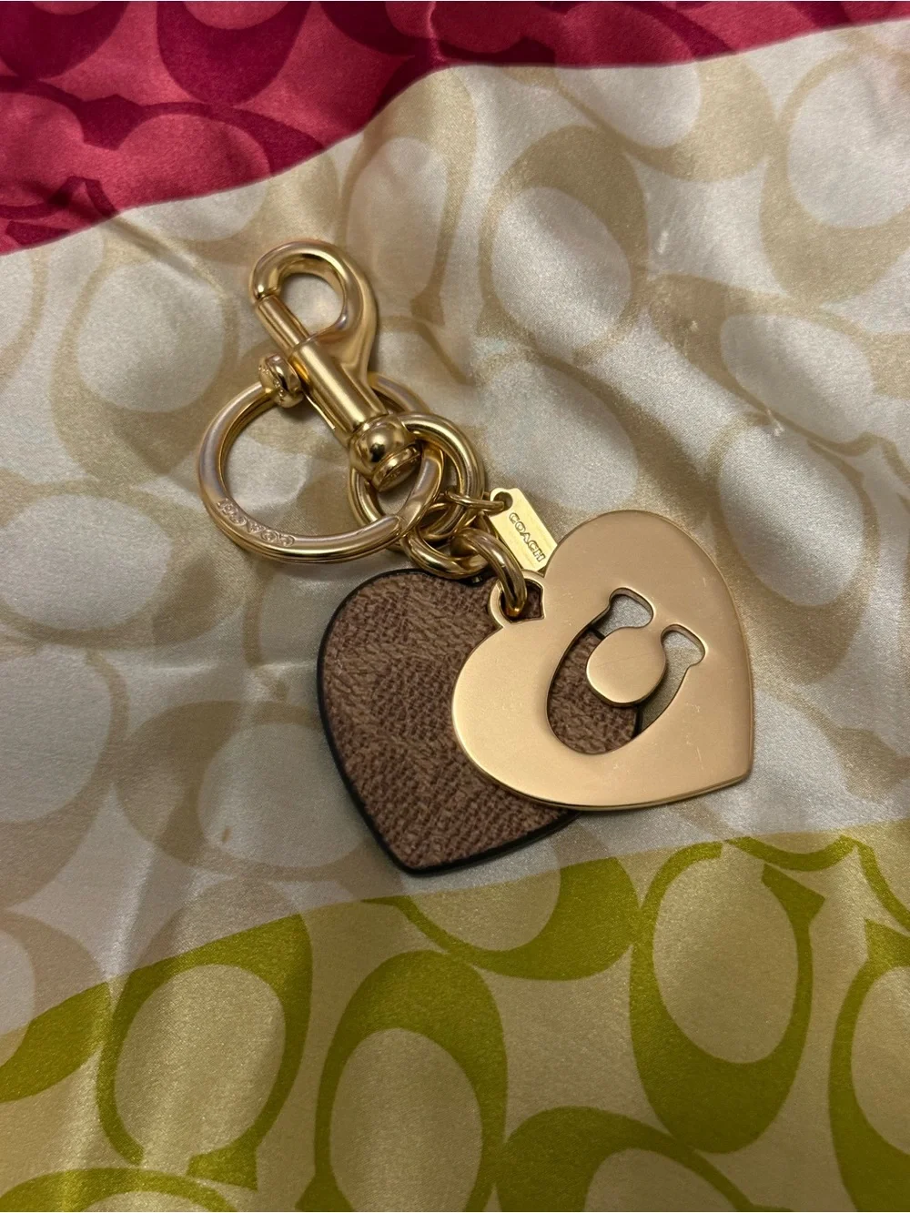 Coach Hearts Key Ring in Signature Canvas – Gold Tone Double Heart Bag Charm